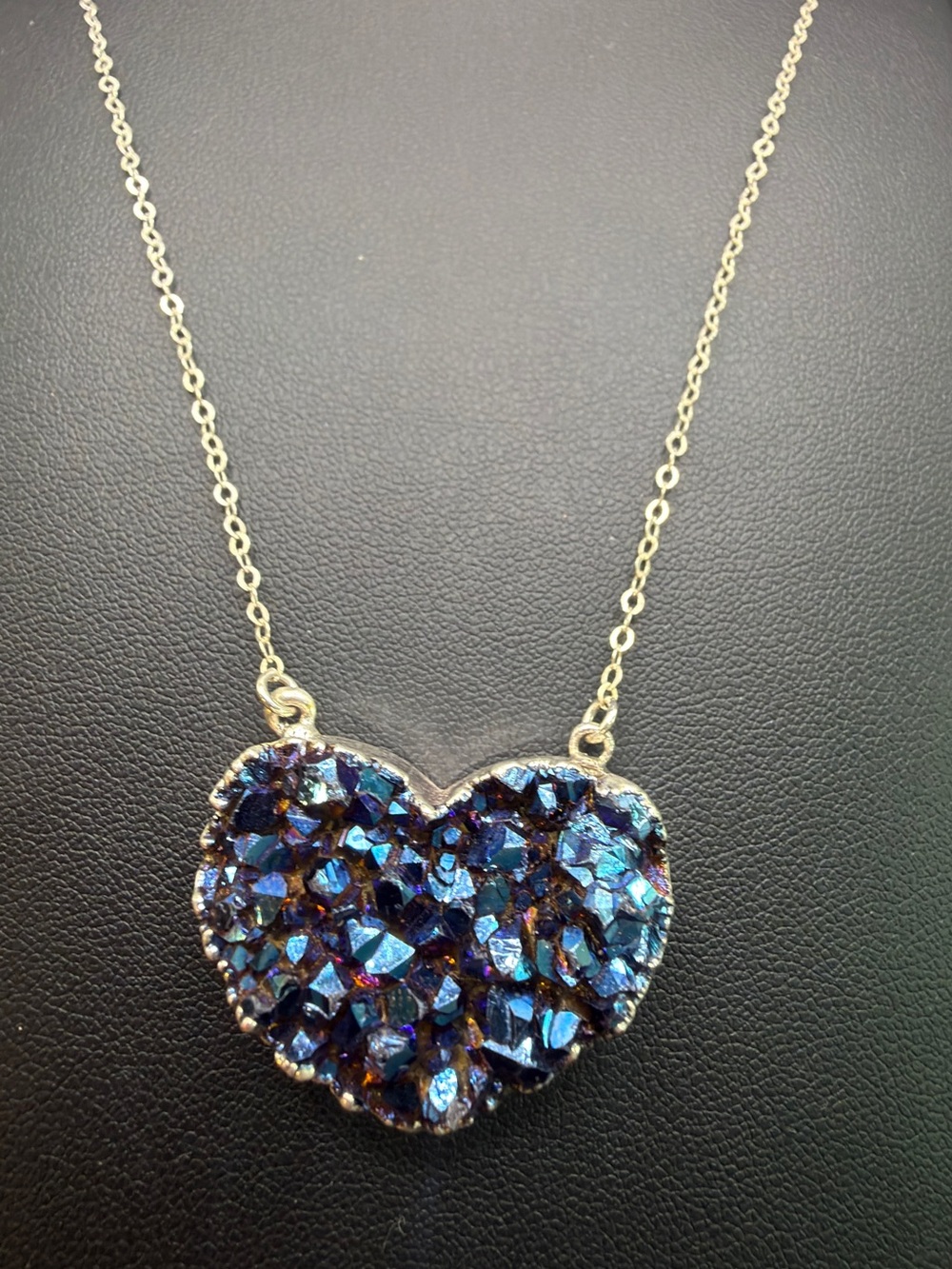 STERLING SILVER 925 BLUE MYSTIC DRUZY HEART PENDANT NECKLACE 22”  Boho Festival